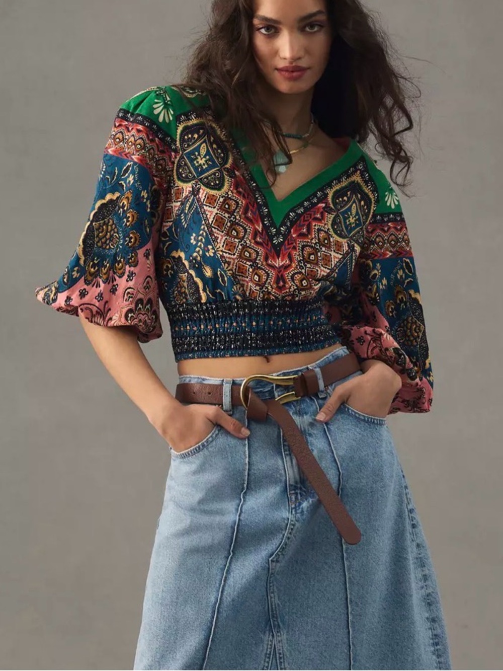 FARM Rio Multicolor V-Neck Smocked Crop Top - Picture 4 of 5